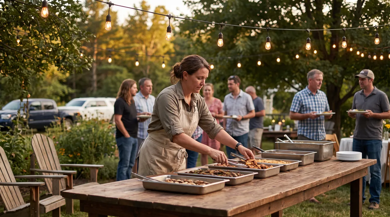 A caterer serving guests at an evening garden party