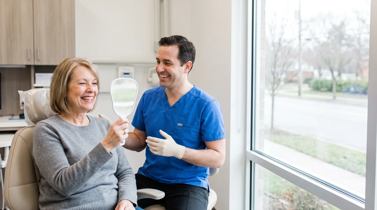 A patient laughing at her new smile in a mirror beside her dentist