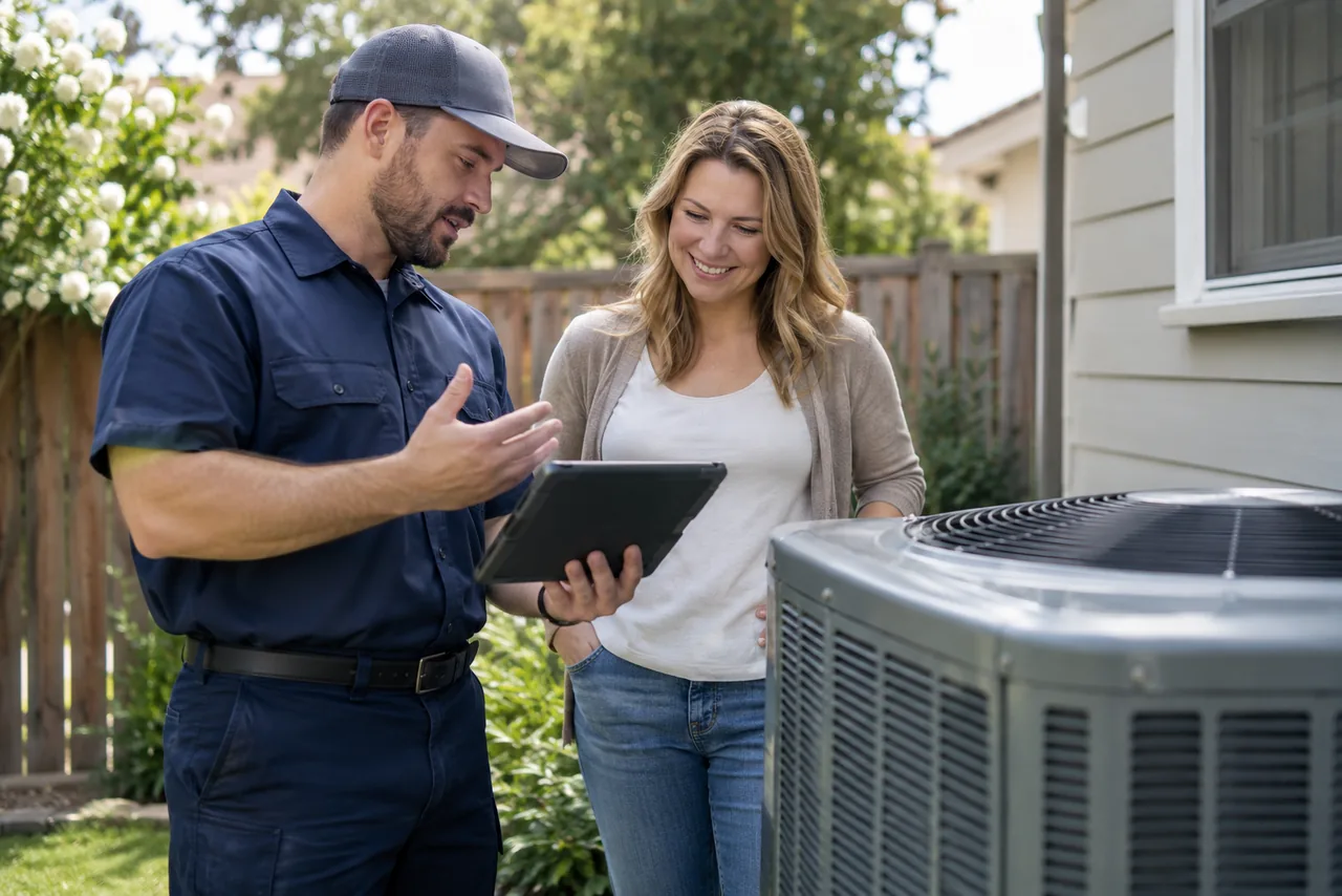 An HVAC technician showing a homeowner her new system on a tablet