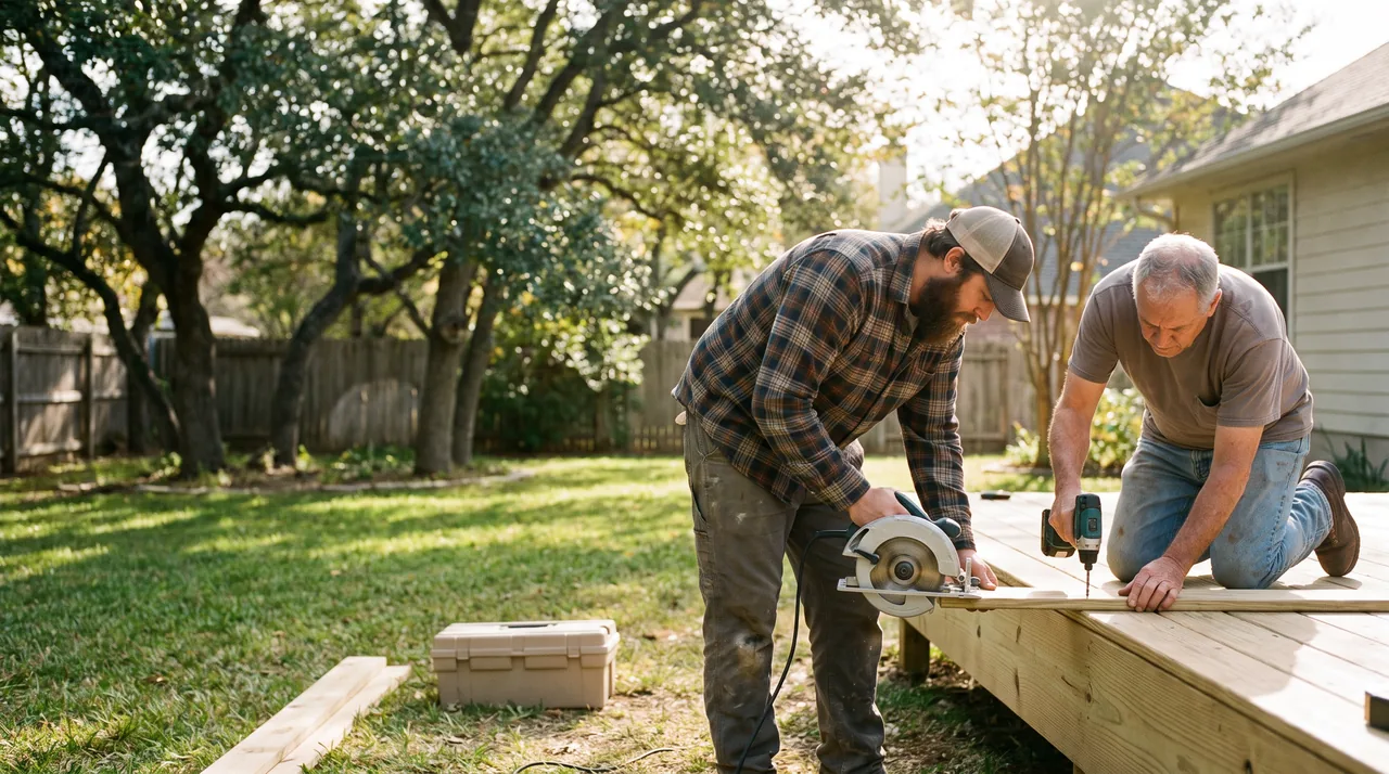 Two carpenters building a backyard deck in evening light